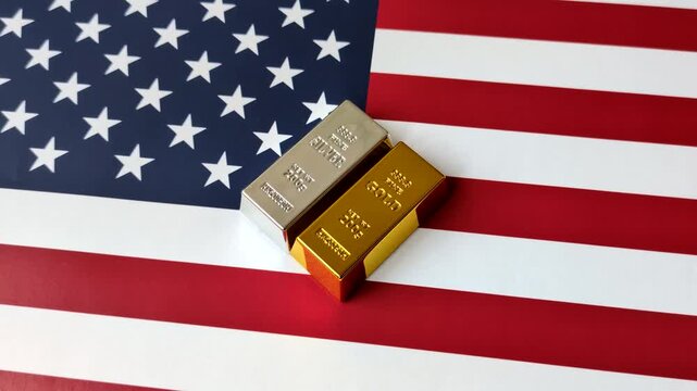 Gold and silver bullion or ingots as metals for bank storage, investments, and financial transactions. Gold and silver bars as a backdrop for your design