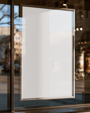 Empty white poster mockup with mounted storefront window display