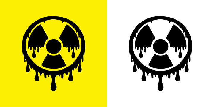 Logo con silueta de s&iacute;mbolo radiactivo derriti&eacute;ndose con gotas, con versiones aislada y con fondo amarillo 