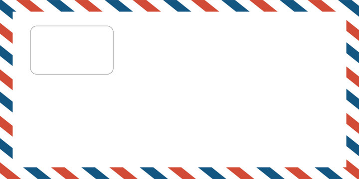 Airmail envelope frame with blue and red stripes on white background. International vintage letter border. Retro air mail postcard. Blank envelope. Vector illustration isolated on white background