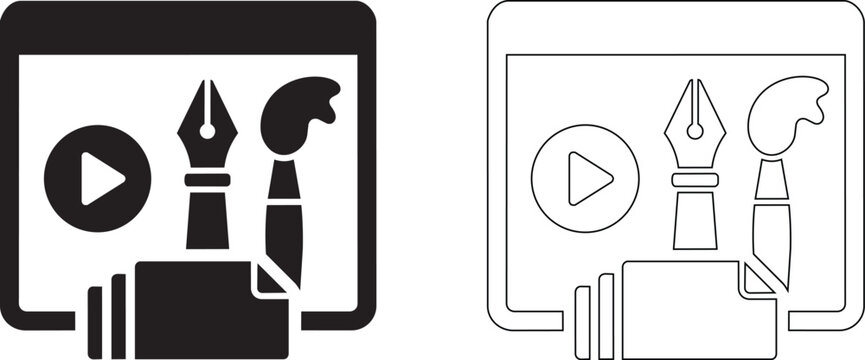 Digital interface showing a play button, a fountain pen, and a paintbrush within a screen or tablet frame, alongside a camera symbol at the bottom, in both solid black and outline formats on a