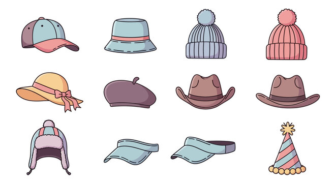 A diverse collection of illustrated headwear, including baseball caps, bucket hats, beanies, sun hats, berets, cowboy hats, earmuffs, visors, and party hats.
