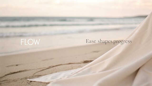 Soft neutral fabric drape with S-shaped crease on a serene beach at sunrise, ocean waves in background.