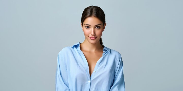 Elegant woman with natural beauty and a soft smile in a light blue button-down shirt