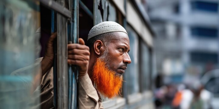 An award-winning original colour photo of a Bangladeshi man with a vibrant orange beard on a bus