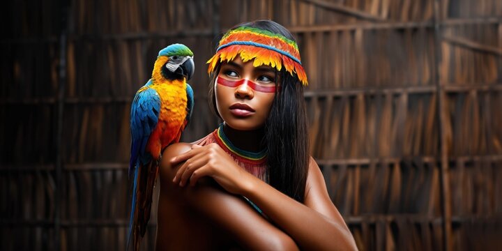 Indigenous woman with vibrant macaw parrot on shoulder in traditional attire