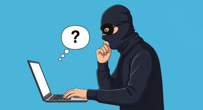 Vector illustration of a hacker in a black balaclava and mask typing on a laptop with a question mark thought bubble over his head, isolated on a solid blue background.