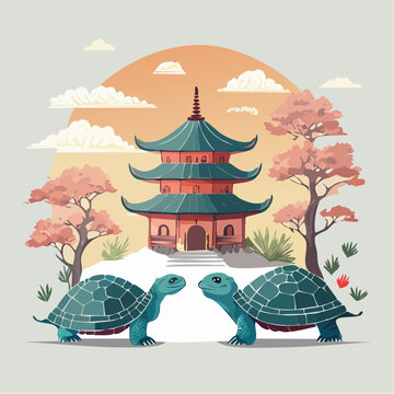 Two Turtles Facing Each Other in Front of a Pagoda
