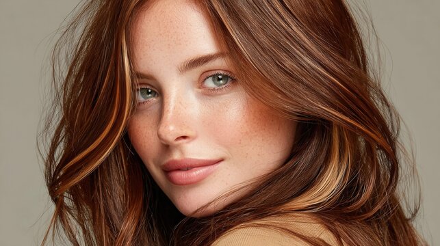 Close-up portrait of a young woman with freckles and auburn hair, soft lighting