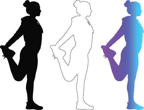 Women quad stretch fitness silhouette outline and purple blue gradient sports icon set