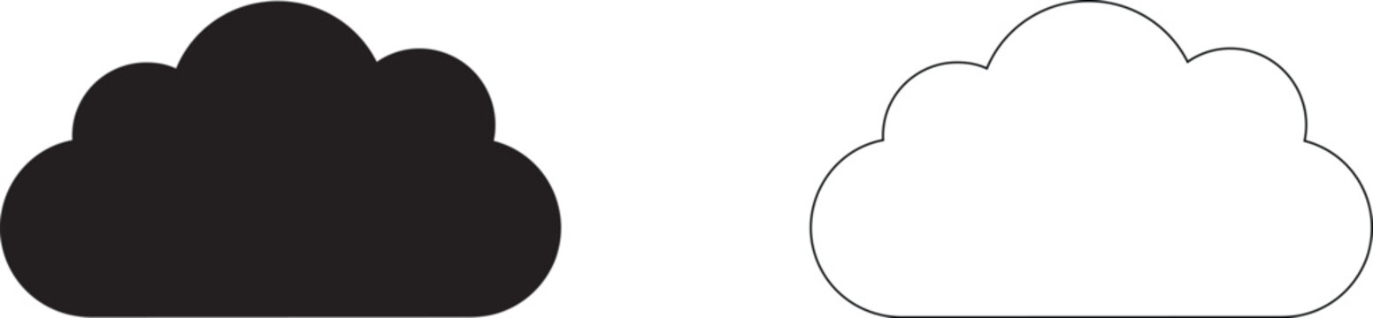 Cloud Shape in Solid Black and Outline Styles Representing Cloud Computing or Weather Symbol on a White Background