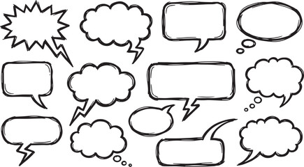 Obraz premium Collection of empty comic speech bubble doodles, various comic style dialogue balloons with different tails and shapes.