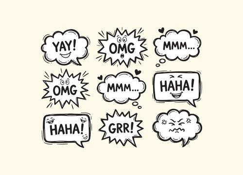 Set of cute comic speech bubble doodles, fun and playful cartoon style chat bubbles, different expressions and shapes.