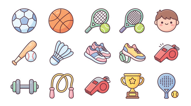 A collection of cute, cartoon-style icons representing various sports and athletic equipment, including balls, racquets, shoes, and a trophy.