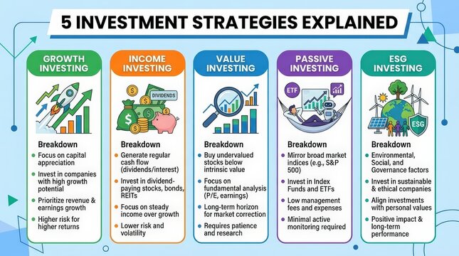 Infographic titled 5 investment strategies explained with icons and breakdowns