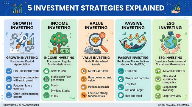 Infographic explaining five investment strategies with icons and key points