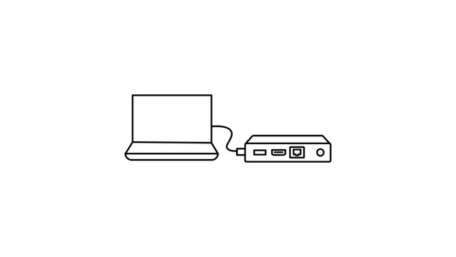 Docking station vector icon with editable stroke representing a laptop connected to a peripheral hub workstation illustration in a minimalist black line style for office technology design.