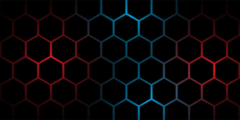Fototapeta premium Abstract dark hexagon pattern on red neon background technology style. Modern futuristic geometric shape web banner design. You can use for cover template, poster, flyer, print ad. Vector illustration
