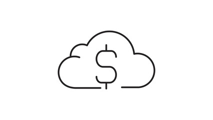 Obraz premium Minimalist black line vector icon of a dollar sign integrated with cloud computing for FinOps, featuring an editable stroke for professional finance and technology business presentation designs.