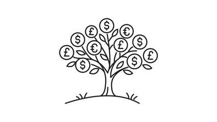 Fototapeta premium Wealth management minimalist black line vector icon with editable stroke on a white background representing a flourishing plant growing from a coin pot for investment growth and financial success