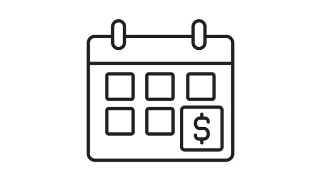 Minimalist vector icon of a calendar with a dollar sign and editable stroke, representing a financial planning schedule for business growth and budget tracking in a clean line art illustration.