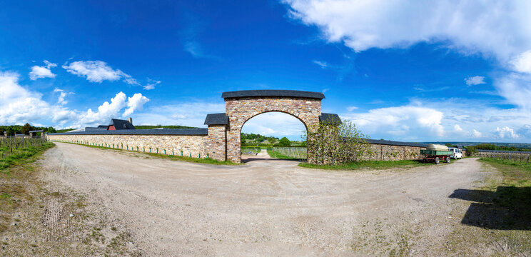 view to modern winery of cloister Eberbach with wine loading truck