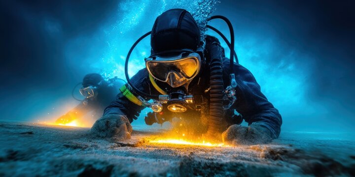 Two divers exploring the ocean floor with bright lights illuminating the sandy seabed