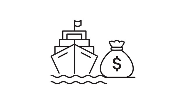 Global trade finance shipping vessel cargo ship vector icon illustration with editable stroke and adjustable line weight in a minimalist hand-drawn outline style for logistics business.
