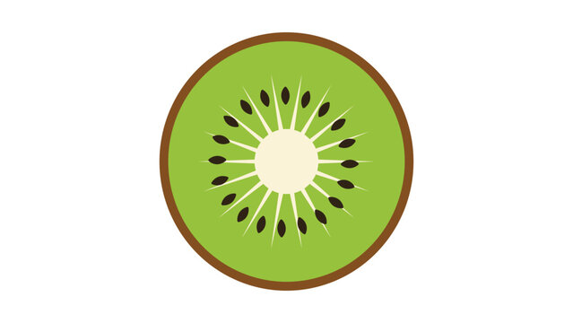 Minimalist kiwi slice vector icon illustration featuring a clean flat design with bold outlines and vibrant green colors, perfect for modern kitchen graphics, fruit logos, and healthy eating apps.