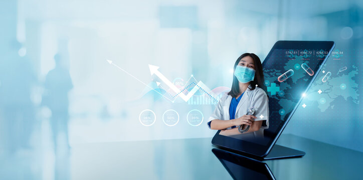 Healthcare business graph and data of Medical business growth, Graph growth chart of investment, Financial, Medical business on global network. Digital health electronic medical record. Doctor online.