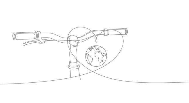Eco-friendly travel concept: Bicycle handlebars with heart and earth line art illustration