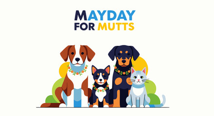 Fototapeta premium A cheerful Mayday for Mutts illustration celebrating the joy and diversity of rescue dogs and a cat, promoting pet adoption and animal welfare