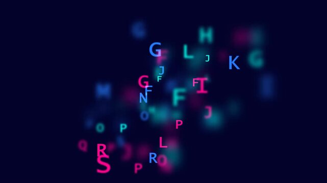 Dynamic typography animation with scattered glowing letters in bokeh style