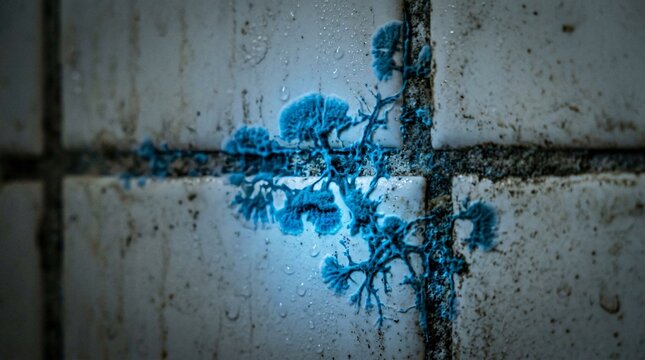 Grimy white ceramic tiles with dark grout lines are severely infested by a strange glowing bioluminescent blue fungus spreading eerily fast.