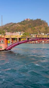 View of Mansa Devi temple in Haridwar, India, holy river Ganga in Haridwar, spiritual city, Indian temple, vertical video