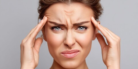 Naklejka premium Woman with furrowed brow and hands on temples expressing pain or deep thought