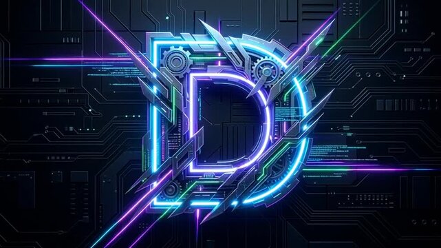 Abstract digital letter d with neon lights and circuitry
