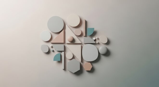 Minimalist composition of three dimensional geometric shapes like circles and triangles sits on a neutral background with soft shadows and pastel colors