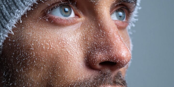 Close up of a man's face covered in frost and ice crystals during extreme cold weather