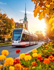 Obraz premium Modern tram glides down sunlit street lined with blooming flowers and autumn trees