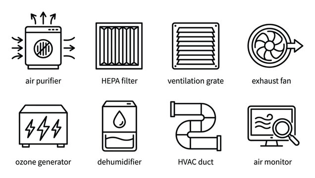Air purifier HEPA filter ventilation grate exhaust fan ozone generator dehumidifier HVAC duct air monitor.