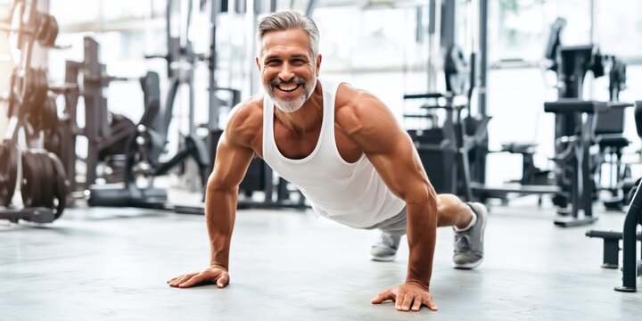 Fit middle-aged man with grey hair doing push-ups in a modern gym