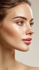 Fototapeta premium Close-up profile of a young woman's face with flawless, glowing skin and perfect makeup