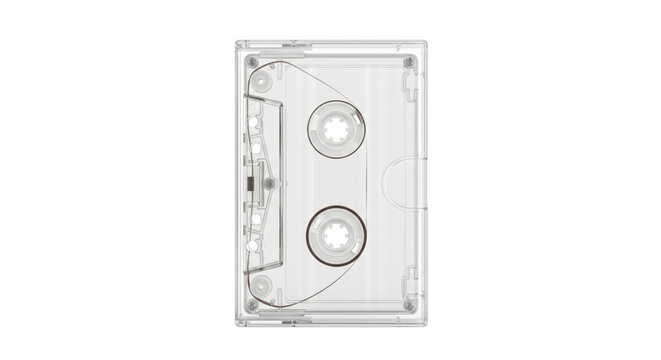 Clear transparent cassette tape in plastic case on transparent background