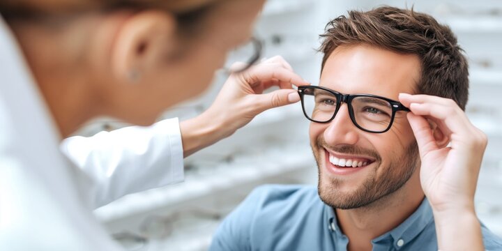 Optometrist fitting new glasses on a happy smiling man in an optical store