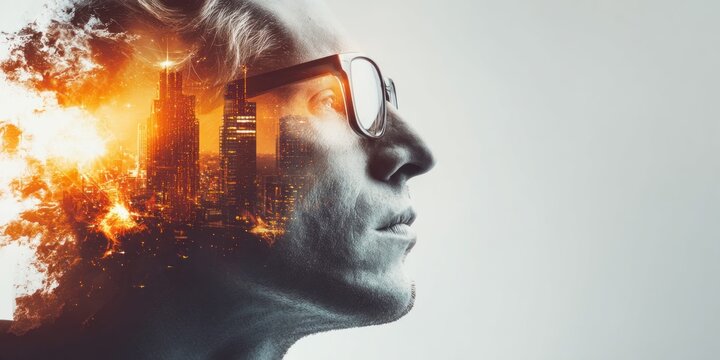 Double exposure of a man's profile with a vibrant city skyline at sunset