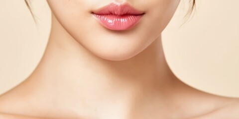 Obraz premium Close-up of a young Korean woman's smooth, glossy lips and jawline