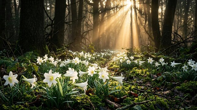 Magical morning forest floor is covered in a dense patch of glowing white lilies as golden sunbeams pierce through dark tree trunks behind.