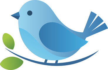 Obraz premium A cute blue bird icon perched on a branch carries a letter in this fun nature illustration featuring a cartoon style design and vibrant vector animal symbols