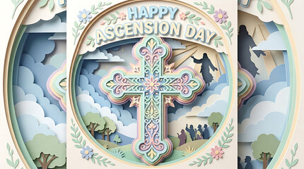 Happy ascension day paper art with religious holiday light rays pastel colors